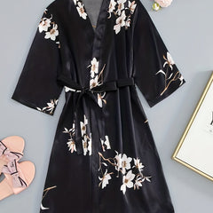 Floral Print Deep V Night Robe with Belt