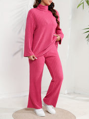 Ribbed Top & Wide Leg Pants Set Long Sleeve Turtleneck