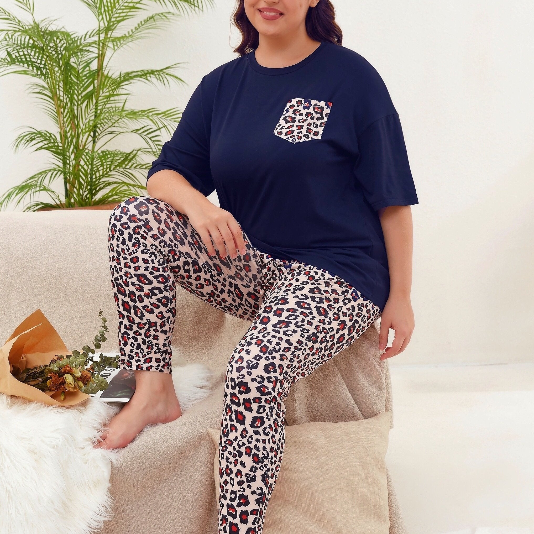 Leopard Print Pajama Set Short Sleeve Top & Pants