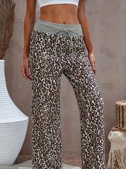 Leopard Print Drawstring Wide Leg Casual Sports Pants Comfy Loose