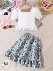 Girl's Summer 2 Piece Crop Top Short Set Floral Pleated Mini Skirt