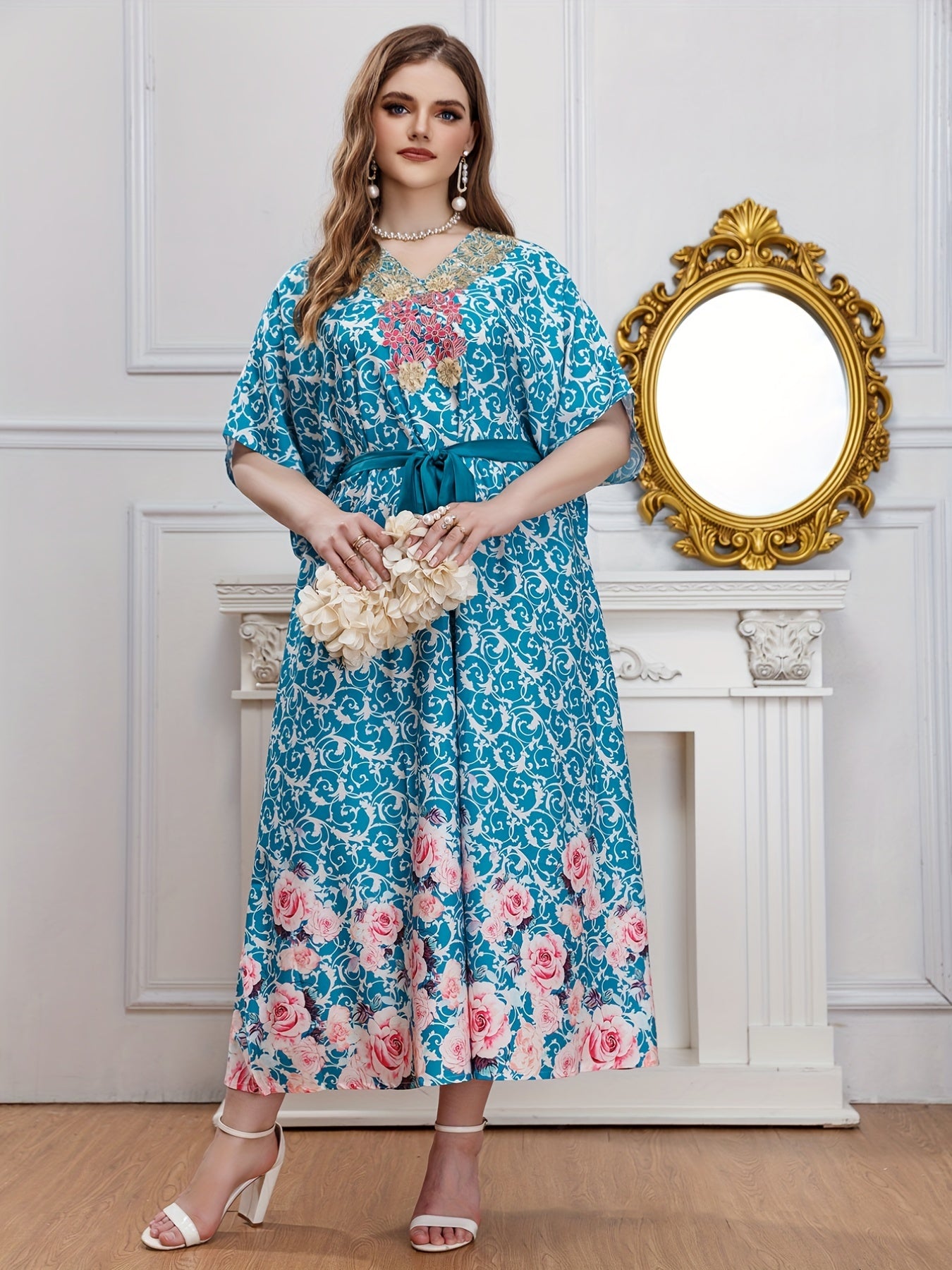 Baroque & Floral Print V-Neck Maxi Dress