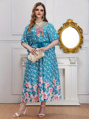 Baroque & Floral Print V-Neck Maxi Dress