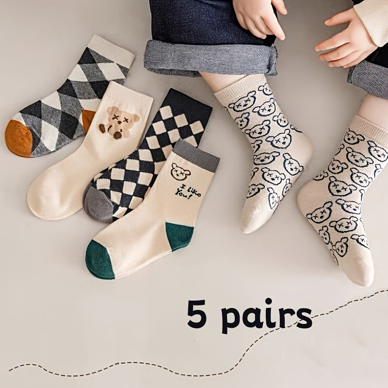5 pairs Boys Kids Bear Pattern Socks Plaid Breathable Comfy Children Socks
