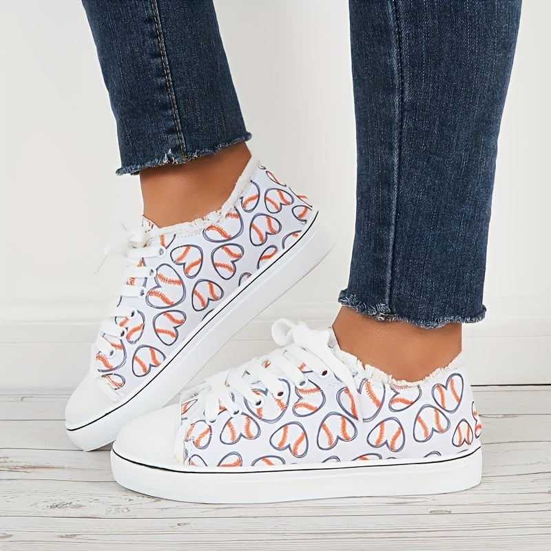 Women's Heart Printed Lace up Canvas Sneakers Outdoor Sports Shoes