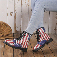 Women's Retro Ankle Combat Boots Lace Up Shoes For 4th Of July