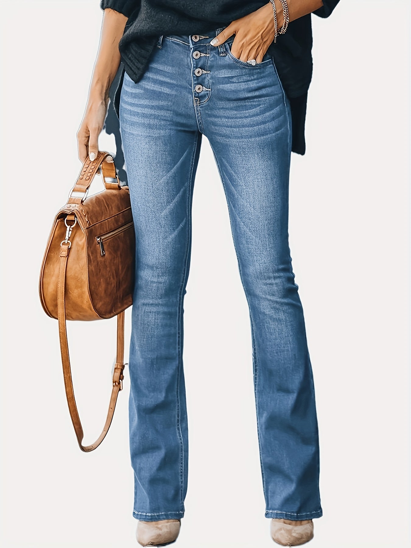 Dark High Stretch Flared Jeans Bootcut Slim Fit Denim Pants Women's Clothing