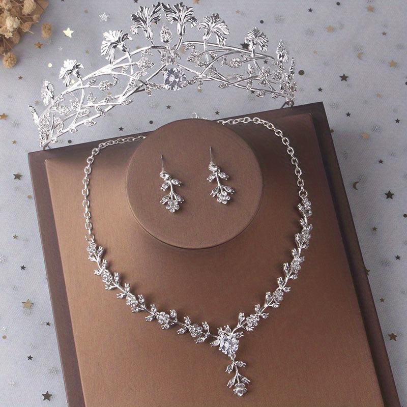 Silvery Leaf Shape Headband Necklace Earrings Set Head Jewelry