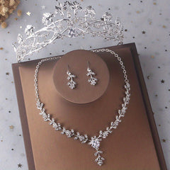 Silvery Leaf Shape Headband Necklace Earrings Set Head Jewelry