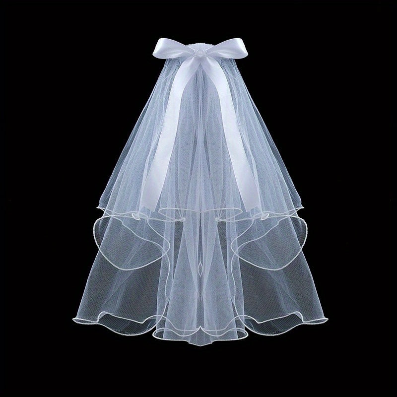 2 Tiers Faux Pearl Ribbon Bow Veil With Comb Wedding Headdress