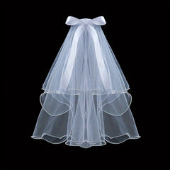 2 Tiers Faux Pearl Ribbon Bow Veil With Comb Wedding Headdress