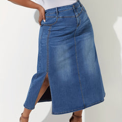 Women's Plus Solid Button Fly High Rise Denim Skirt
