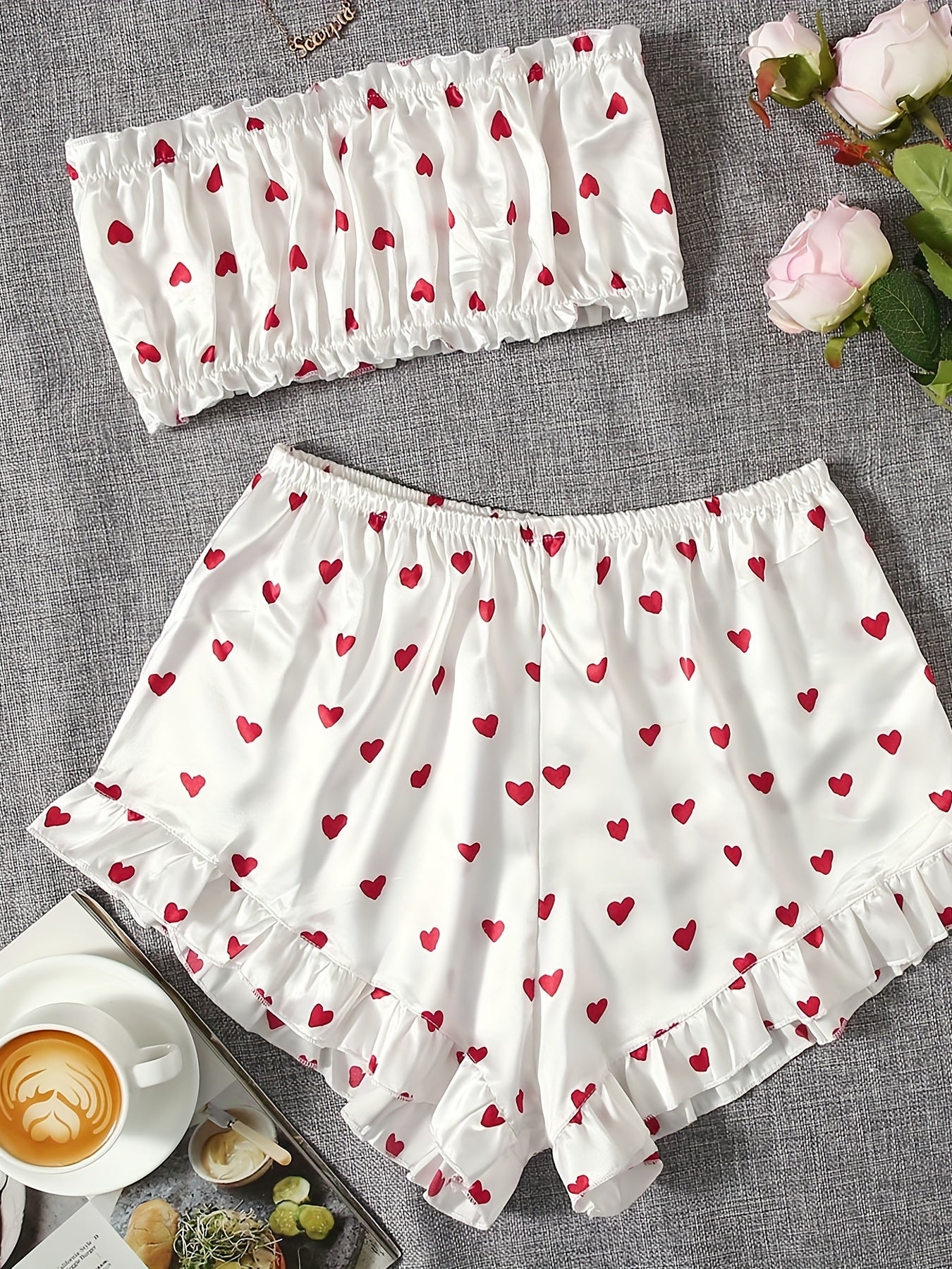 Heart Print Pajama Set Strapless Tube Top & Ruffle Shorts