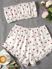 Heart Print Pajama Set Strapless Tube Top & Ruffle Shorts