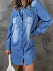Women's Denim Shirt Long Sleeves Single Breasted Button Lapel
