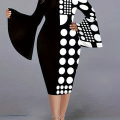 Colorblock Dot Print Bell Sleeve Bodycon Dress