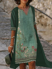 Border Floral Print Notched Neck Tank Dress & Open Front Coat Set