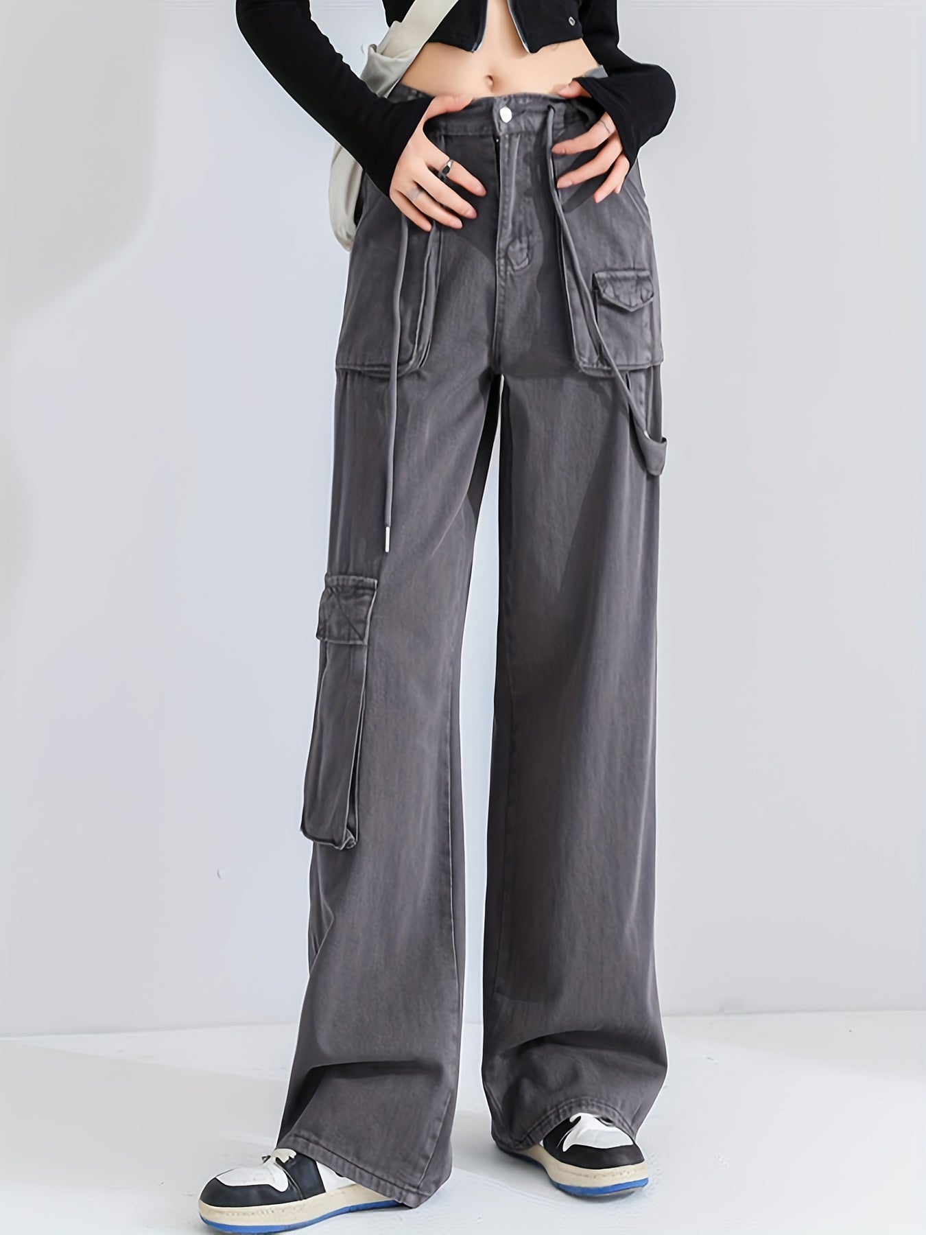 Grey Cargo Pants Loose Fit High Waist Straight Jeans