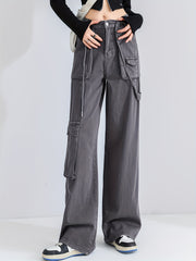 Grey Cargo Pants Loose Fit High Waist Straight Jeans