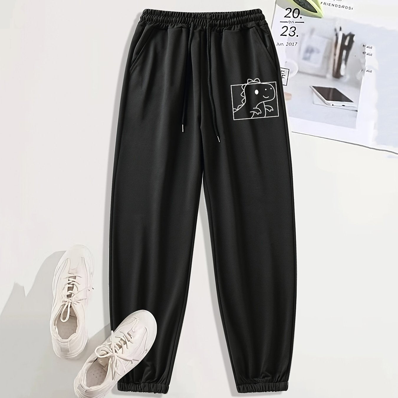 Dinosaur Print Jogging Pants with Side Pockets