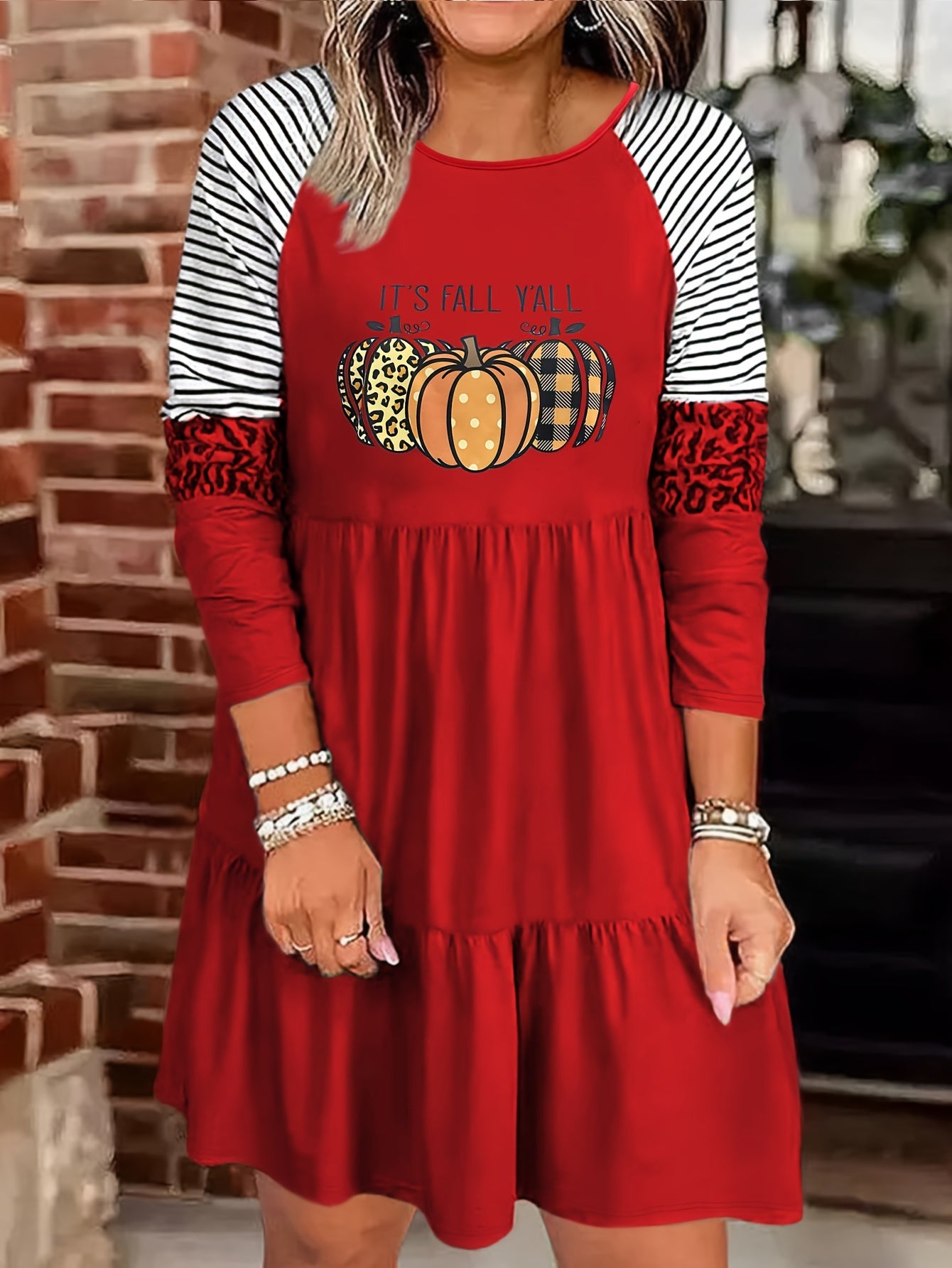 Colorblock Pumpkin Slogan Print Smock Mini Dress