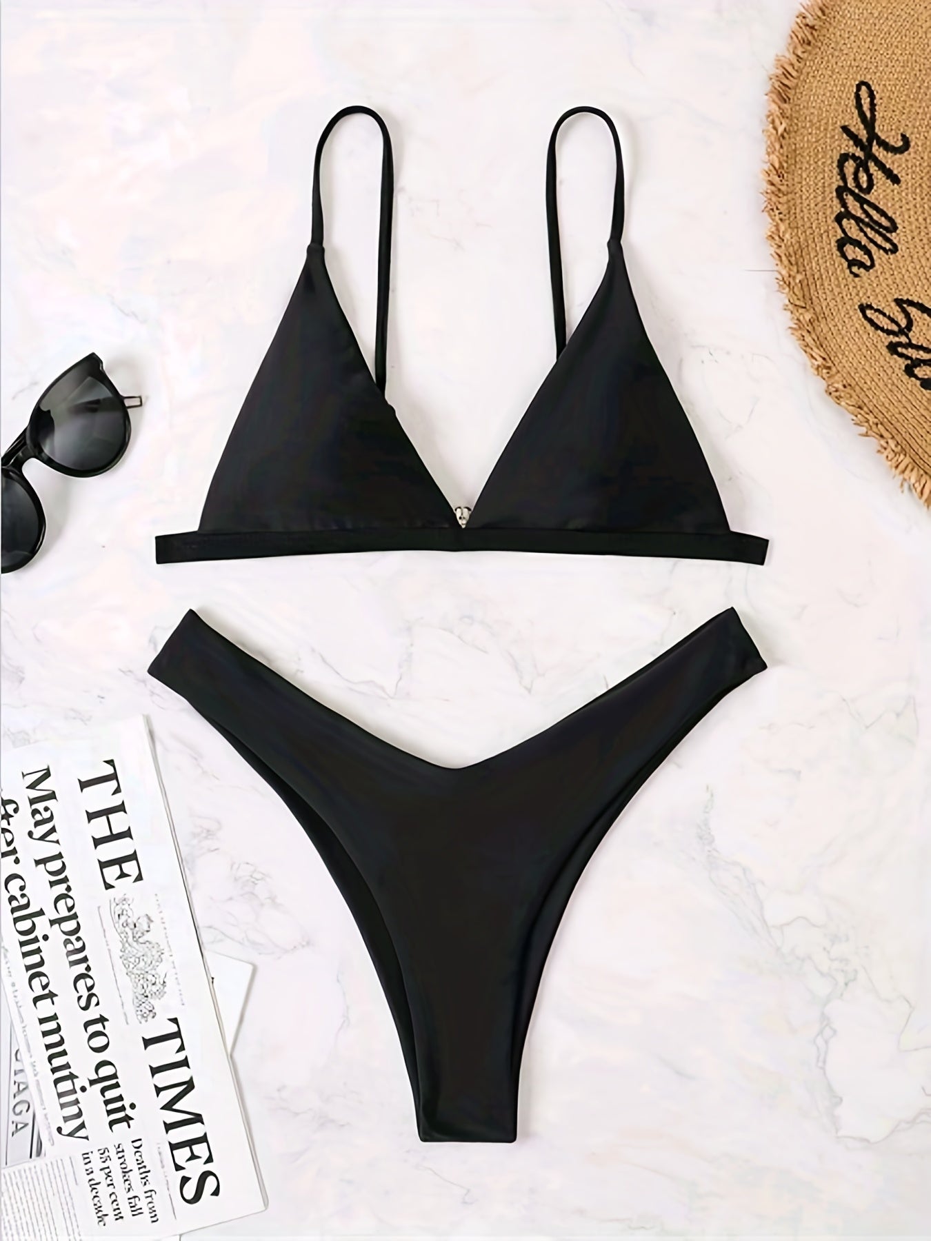 Solid Triangle Spaghetti Straps 2 Piece Set Bikini Swimsuit