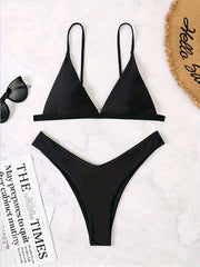 Solid Triangle Spaghetti Straps 2 Piece Set Bikini Swimsuit