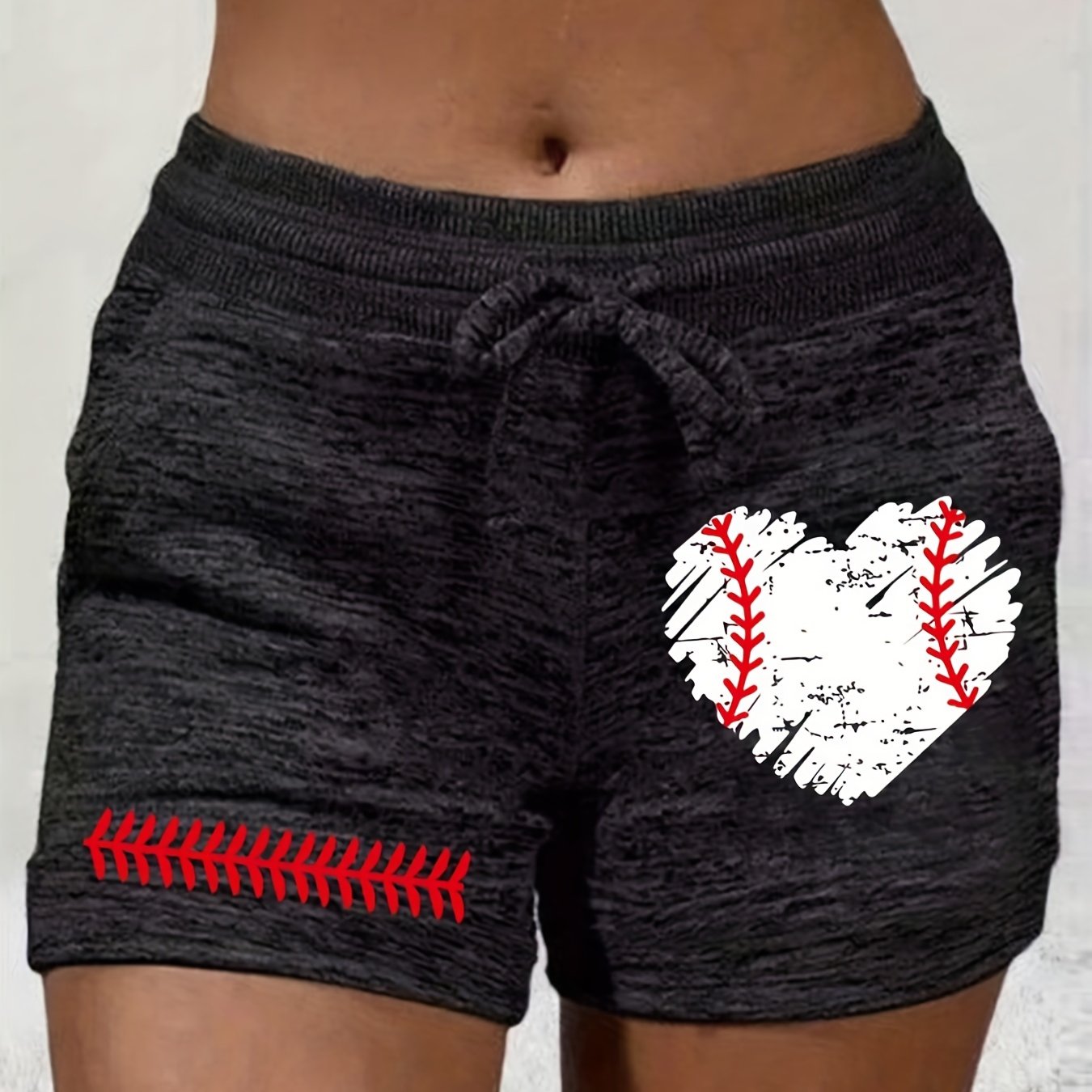 Baseball Heart Print Drawstring Summer Workout Shorts