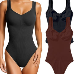 2pcs Ribbed Sleeveless Yoga Bodysuit Solid Tank Top Jumpsuit