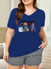 Cartoon Print V Neck Pajama Top