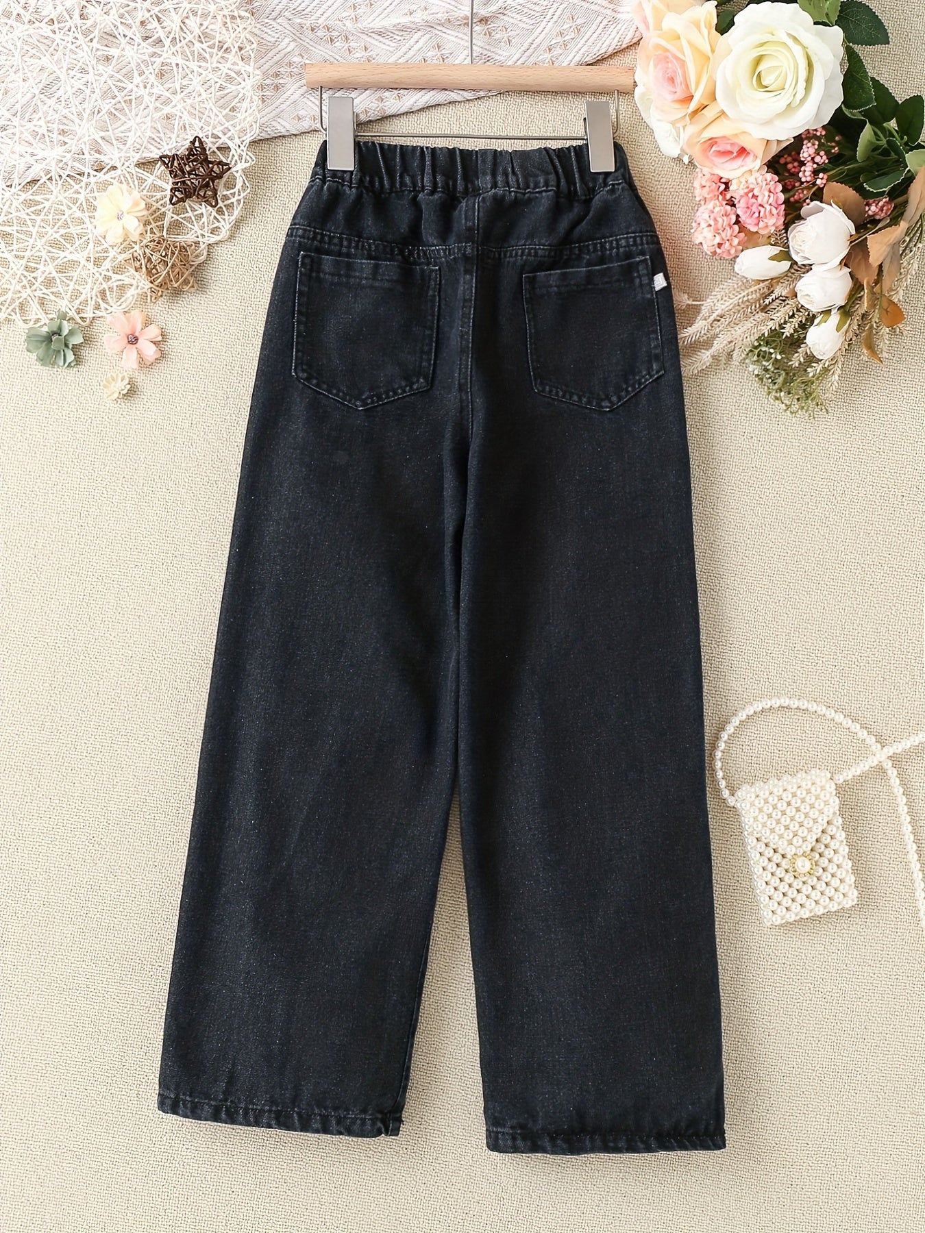 Girls Double Button Wide Leg Denim Pants