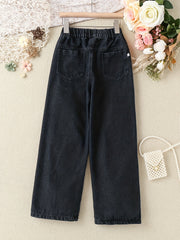 Girls Double Button Wide Leg Denim Pants