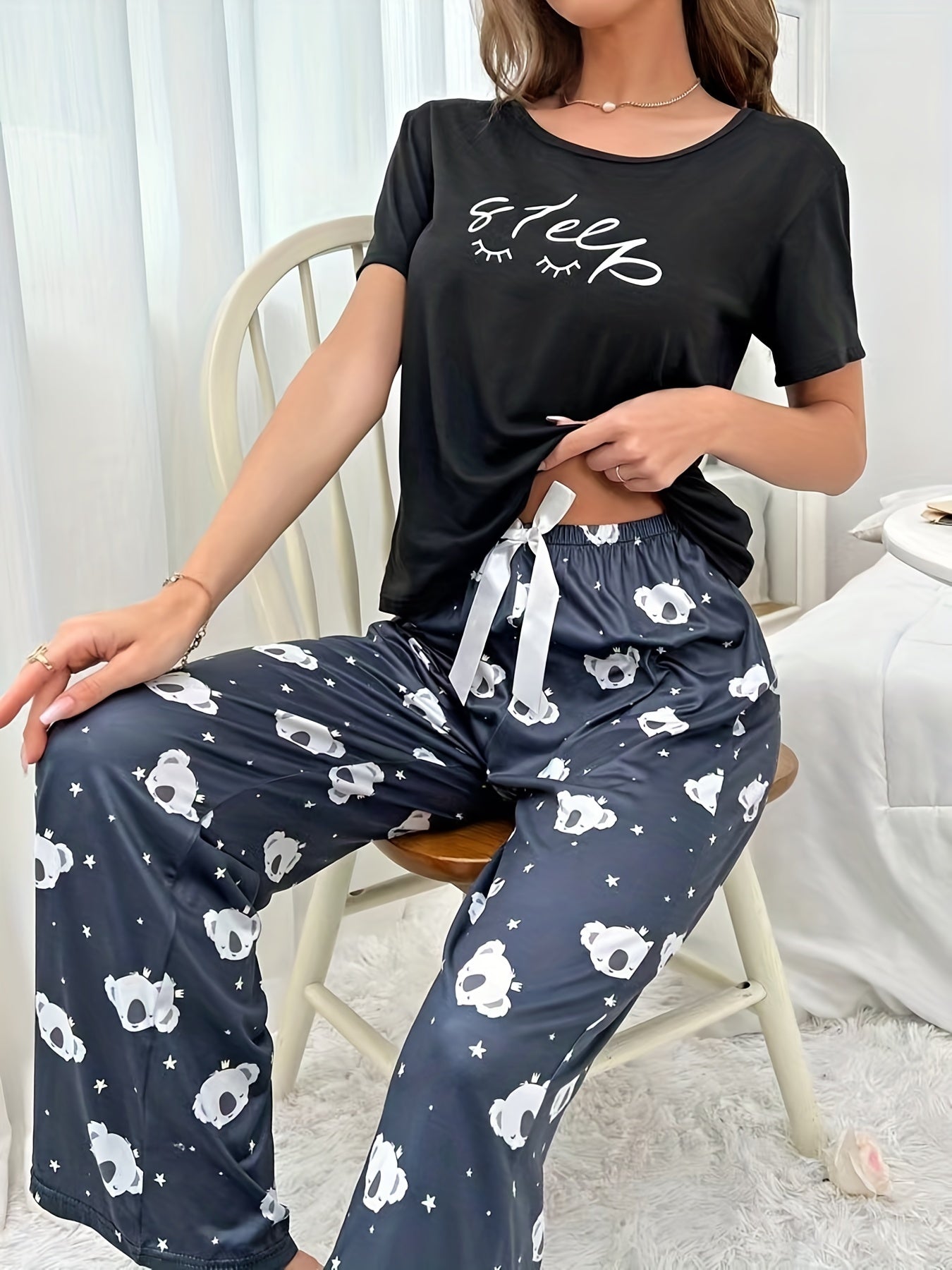 Koala Print Pajama Set Short Sleeve Top & Pants Women's Sleepwear