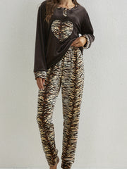Heart Leopard Pajama Set Long Sleeve Crew Neck Top & Elastic Waistband Pants