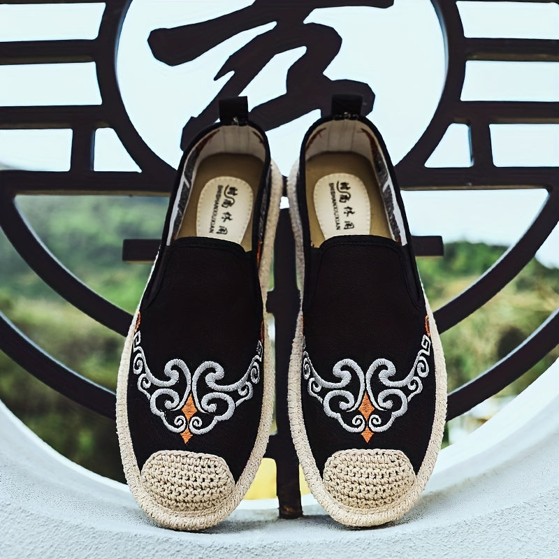 Men's Chinese Style Embroidered Canvas Loafers Slip Ons