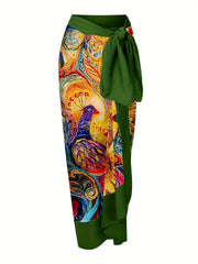 Peacock Print One Piece Swimsuit & Cover Up Skirt Set
