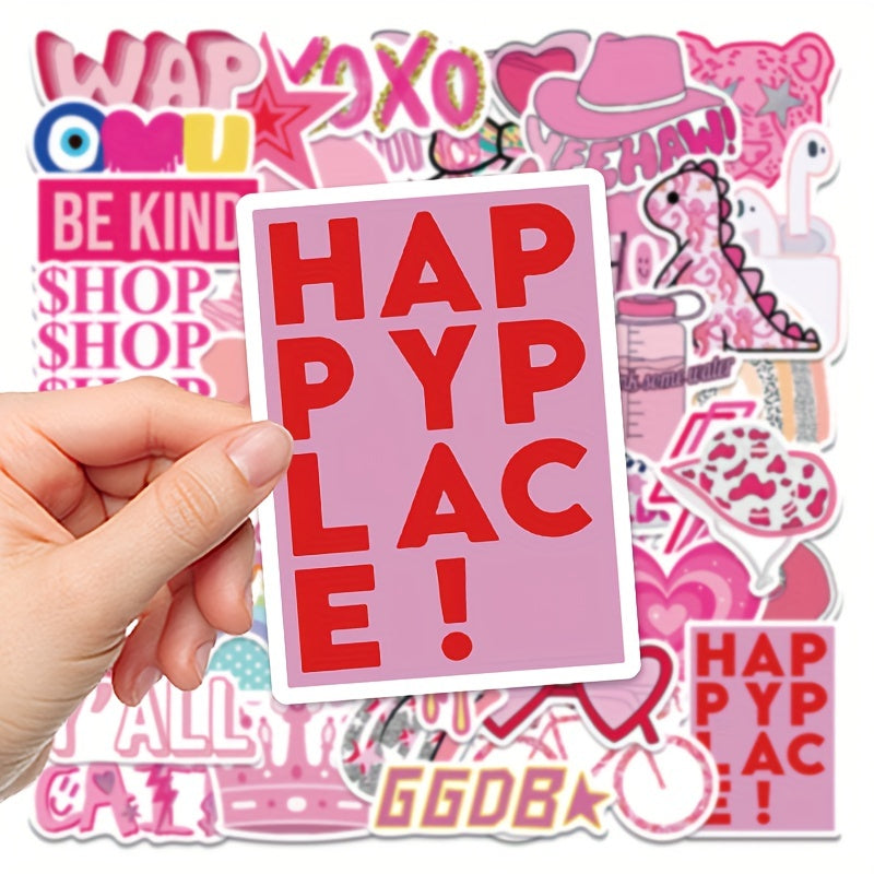 50 Pink College Style Stickers for Notebook, Phone Case, Cup, Luggage
