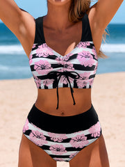 Floral Striped Print Drawstring Bikini Set High Waist Swimsuits
