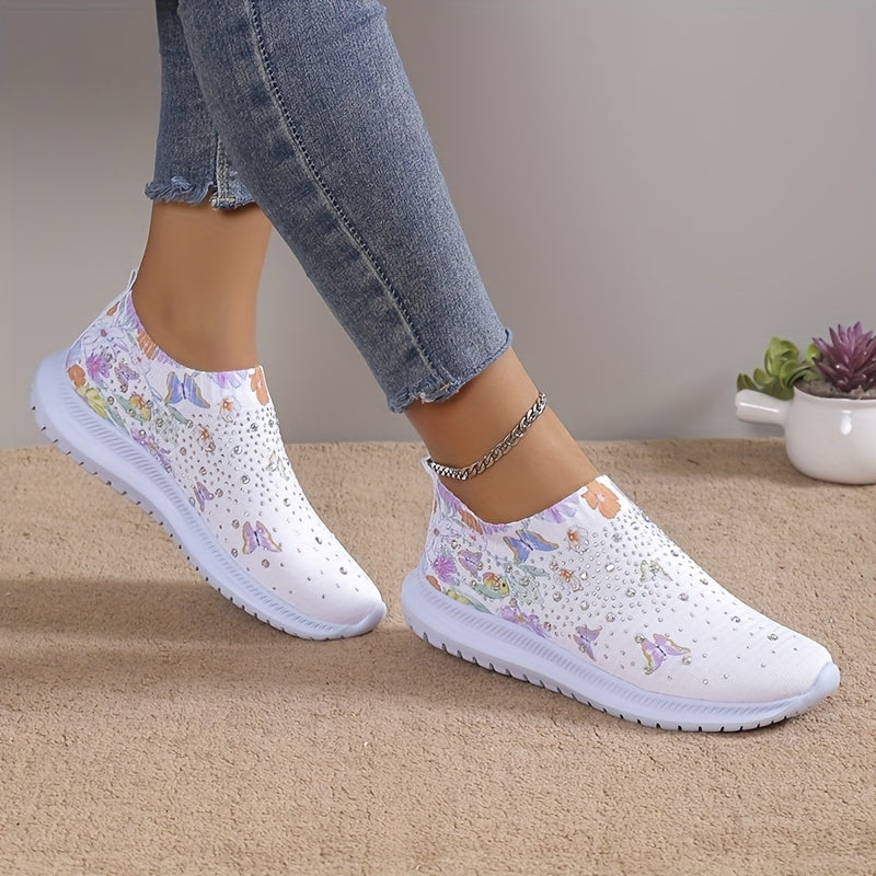 Women's Rhinestone Sock Shoes Butterfly & Floral Print Knit Running Shoes