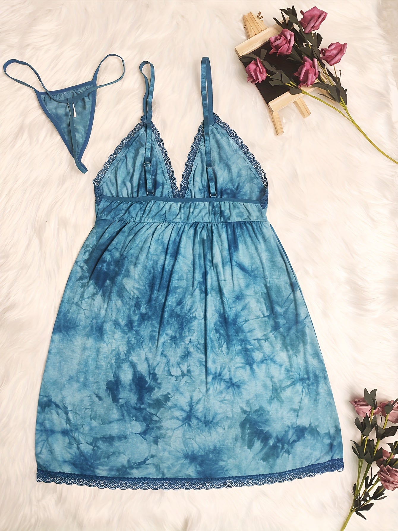 Tie Dye Print Slip Nightdress Lace Trim Backless Sleep Dress Women's Sleepwear