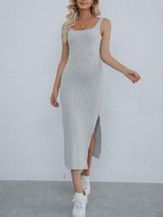 Split Ribbed Dress Sexy Solid Squared Neck Sleeveless Maxi Dress