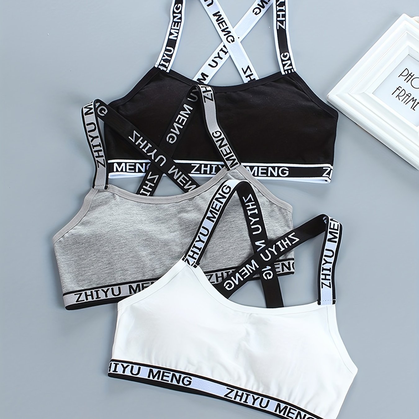 Girls Sports Bra Letter Print Cross Strap No Steel Ring Comfortable Underwear