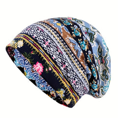 Boho Floral Print Beanie Slouchy Chemo Hat Lightweight Headband