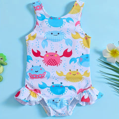 Sweet Crab Ruffle Trim 1pc Swimsuit Girls Bathing Suit Summer Beach Gift