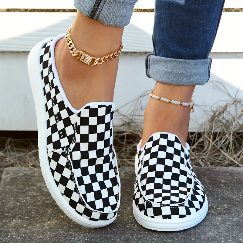 Women's Checkerboard Canvas Slip-On Loafers Flat Mules