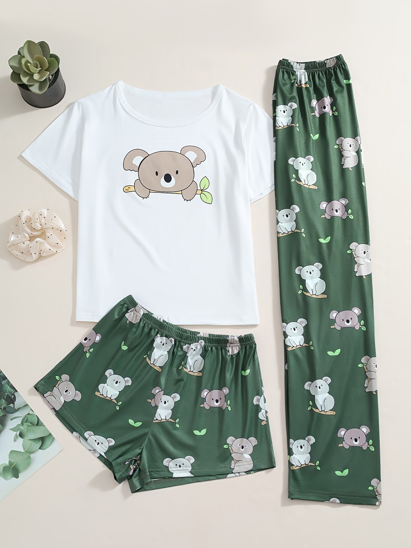 Koala Print Pajamas Set Short Sleeve Top & Shorts & Pants