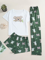 Koala Print Pajamas Set Short Sleeve Top & Shorts & Pants