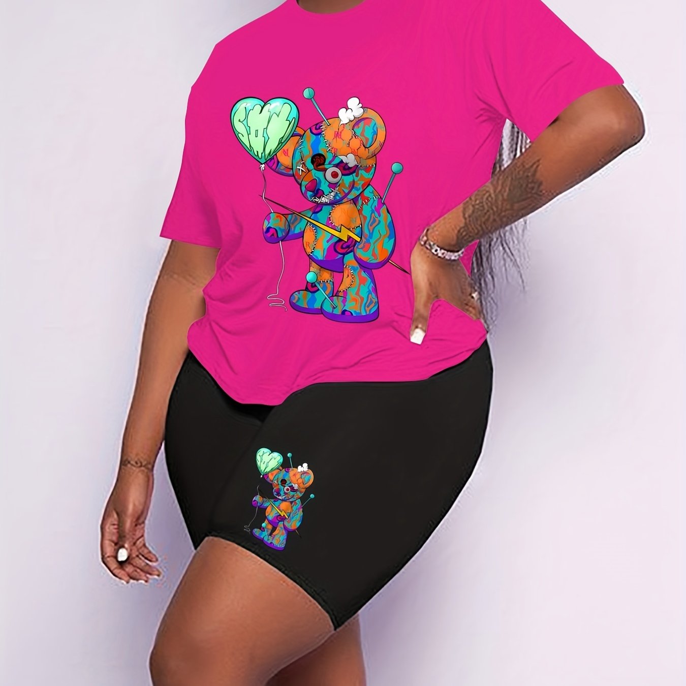 Women's Plus Bear Print Top & Shorts 2 Piece Set