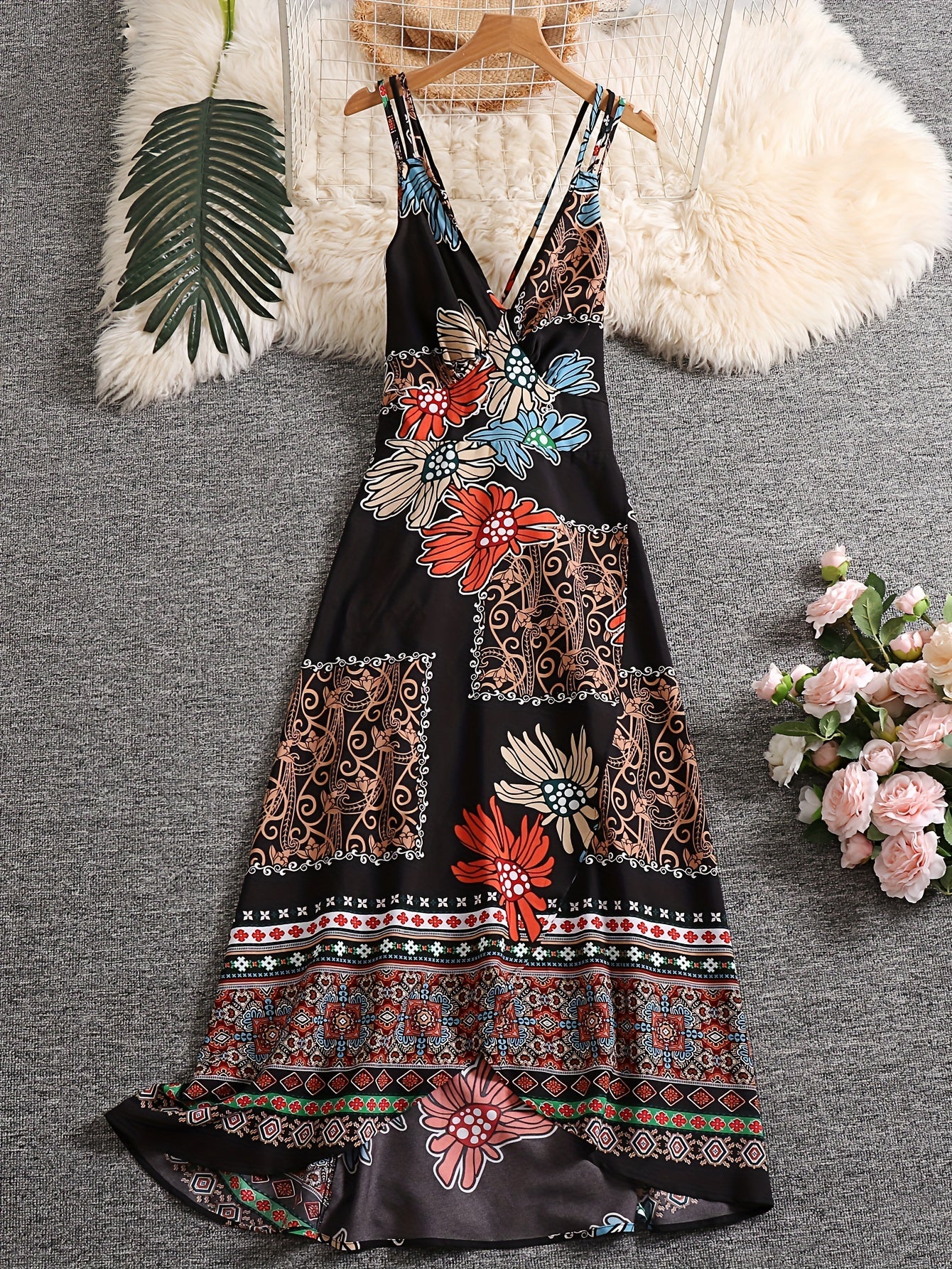 Plus Floral & Scarf Print Criss Cross V Neck Nipped Waist Cami Dress