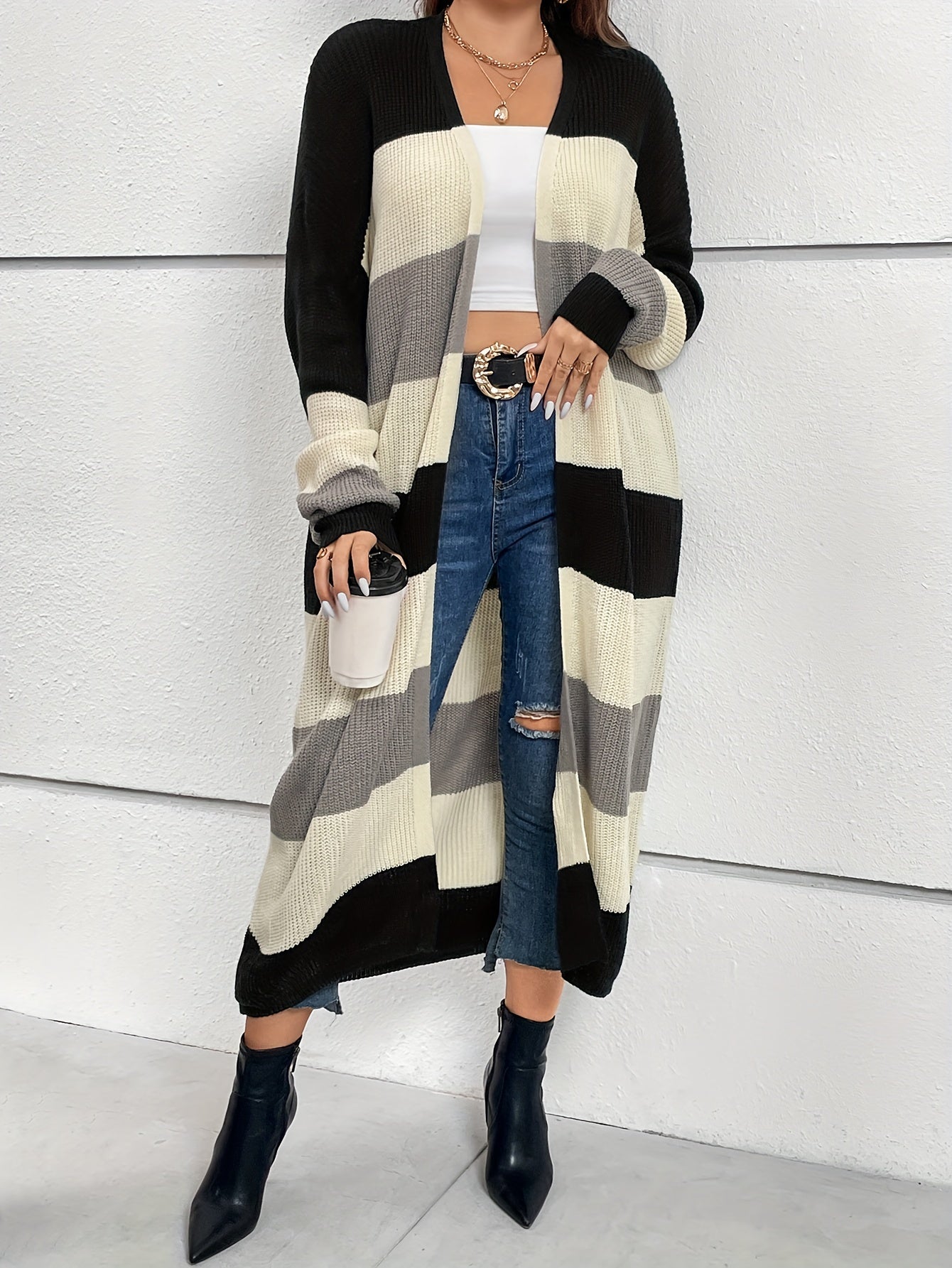 Colorblock Long Sleeve Longline Cardigan Women's Plus